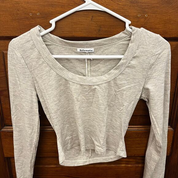 Reformation Paige Long Sleeve Crop Top Marble Tencel Stretch Size XS NWT - Picture 2 of 11